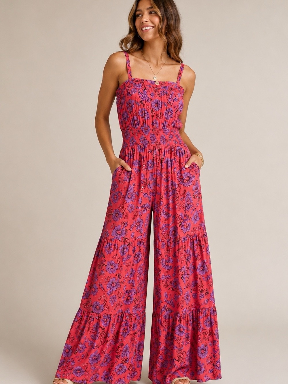 Jessica Simpson Coral Red Floral Maxi Jumpsuit with Purple Print